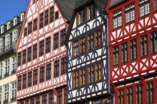 Side view of traditional half-timbered house facades in Frankfurt am Main, Hesse, Germany