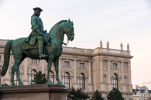 Vienna, Austria - 28 August, 2019: Sculpture of horses at the Maria-Theresien-Platz square in Vienna, Austria