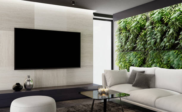 istock 8k TV room. Modern minimalist villa apartment interior. 1337316615