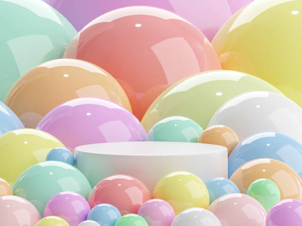 istock White round podiem surrounded with colorful glossy ball 3d render 1337317085
