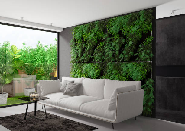 istock Modern minimalist apartment interior with green plant wall. 1337317178