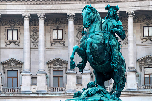 Vienna, Austria - 28 August, 2019: Close up shot of the Prince Eugene Statue in Vienna, Austria