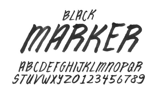 Black marker handwriting font design includes capital letters and numbers alphabet set Vector illustration of a Black marker handwriting font. Font Design includes capital letters and numbers alphabet set. Includes fully editable vector art to customize your own text. Individually grouped for easy editing and customization. White background. Download features vector EPS and high resolution jpg download. marker font alphabet stock illustrations