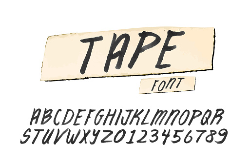 Vector illustration of a strip of masking tape with Black marker handwriting font. Font Design includes capital letters and numbers alphabet set. Includes fully editable vector art to customize your own text. Individually grouped for easy editing and customization. White background. Download features vector EPS and high resolution jpg download.