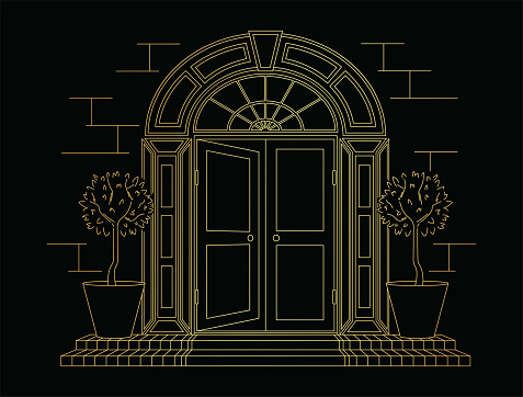 Golden vector illustration of an open door to a Georgian house on black background. Plants at the entrance, stone walls. Luxury sketch of magical world.