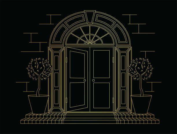 Line art golden sketch entrance to the magic house. A stained-glass door, steps, rounded trees Golden vector illustration of an open door to a Georgian house on black background. Plants at the entrance, stone walls. Luxury sketch of magical world. building entrance illustrations stock illustrations