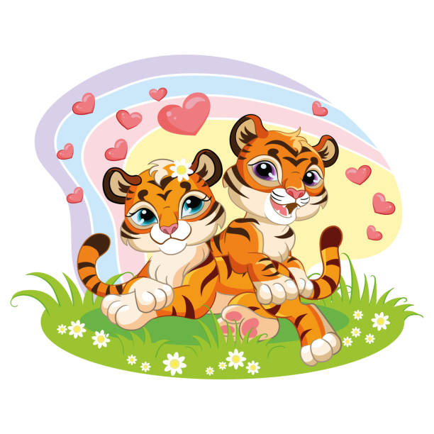 süßer cartoon-vektor zwei liebevolle tigerjunge mit herzen - babytiger stock-grafiken, -clipart, -cartoons und -symbole