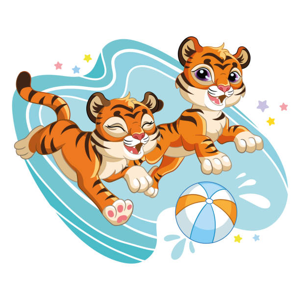 cartoon vektor verspielte tigerjunge laufen mit einem ball - babytiger stock-grafiken, -clipart, -cartoons und -symbole
