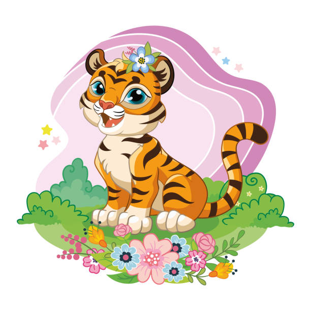 süßer cartoon-vektortiger, der in blumen sitzt - babytiger stock-grafiken, -clipart, -cartoons und -symbole