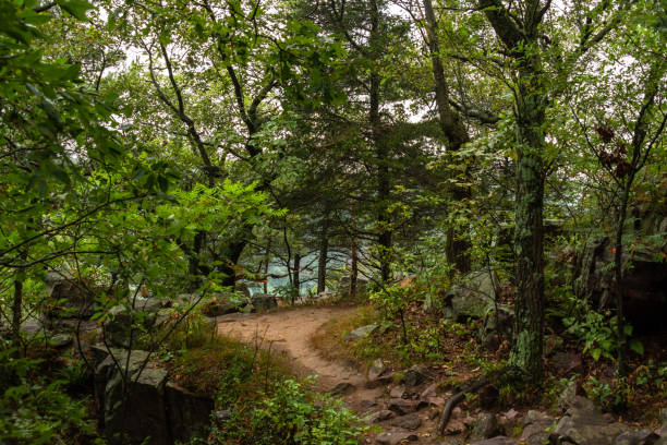 trilha até devils doorway.  parque estadual devils lake, wisconsin. - devils lake - fotografias e filmes do acervo