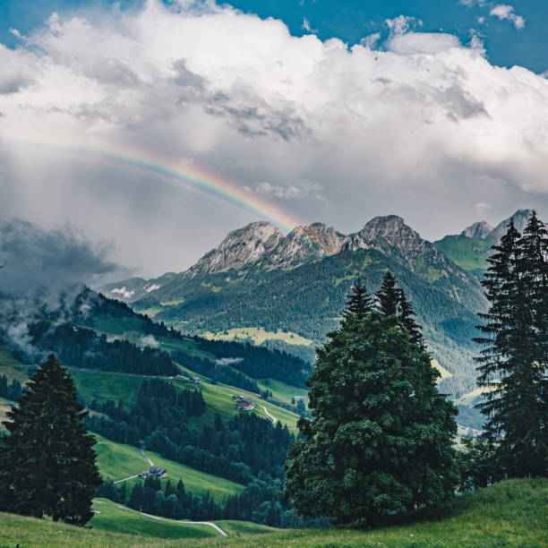 scenic view of mountains, valley and rainbow - switzerland forest storm summer imagens e fotografias de stock