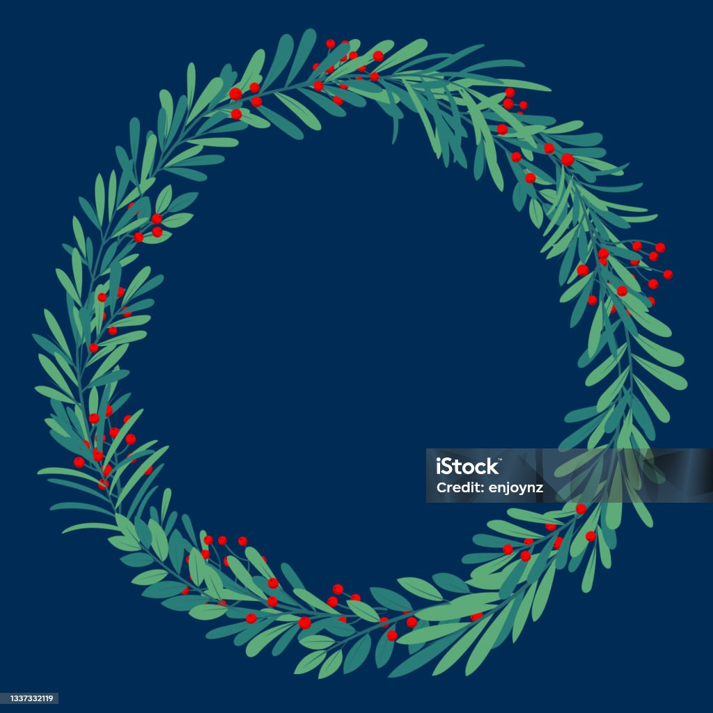 green and blue floral wreath design Green plants and floral vector designs on dark blue background for use on Christmas cards and promotional advertising. Christmas stock vector