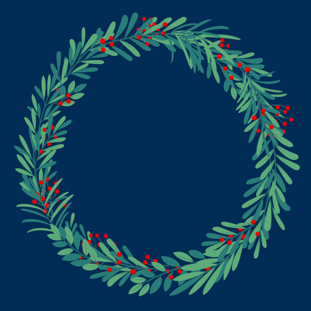 green and blue floral wreath design Green plants and floral vector designs on dark blue background for use on Christmas cards and promotional advertising. gold metal silhouettes stock illustrations