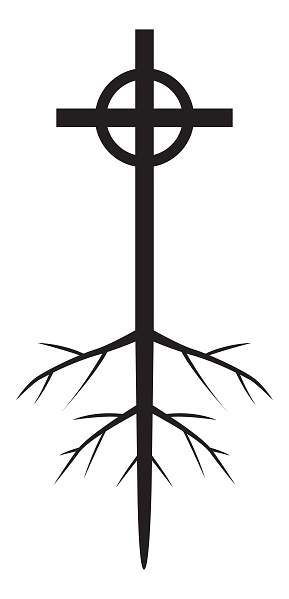 Vector illustration of a black medieval cross with roots on a white background.