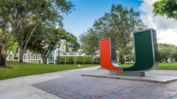Miami, Florida, United States - August 30, 2021: Peaceful view of the Coral Gables campus, at the University of Miami, due to the difficult times of COVID-19. UM is a private university in Coral Gables, Florida. The Coral Gables campus is the main campus that is home to seven schools and two universities, including the University of Miami School of Law.