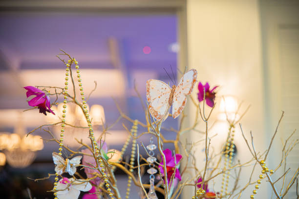 Artificial butterfly centerpiece floral arrangement and wedding reception