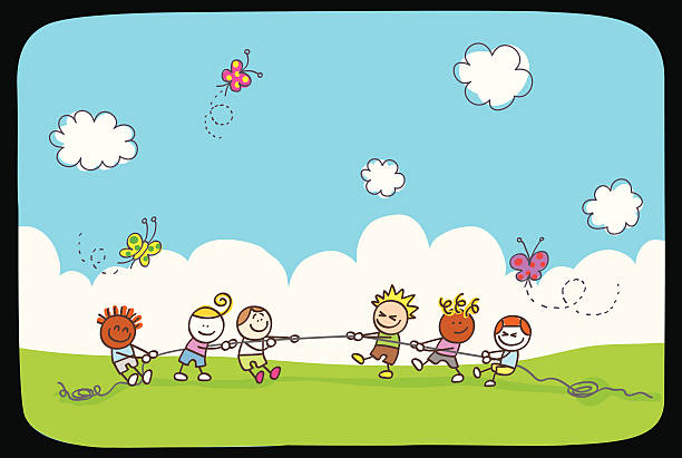 happy children playing summer,spring green nature cartoon illustration vector art illustration