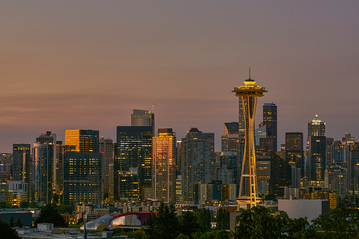View of the Seattle skyline, Space Needle and Mount Rainier at sunset from Kerry Park in Washington