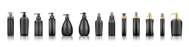 istock Black luxury pump bottle mockups: serum, moisturizer, lotion, soap, cream, sanitizer 1337335550