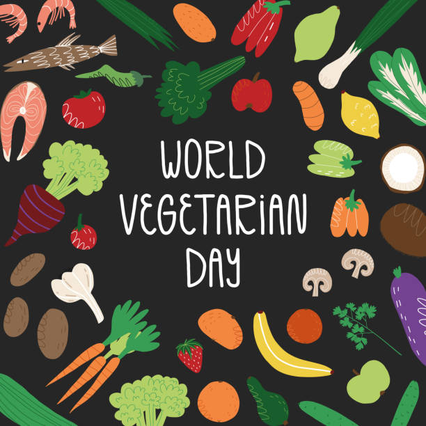 World vegetarian day card, banner on black background with hand lettering. The vegetables, fruits, greens, fish and seafood, balanced vegetarian nutrition. Vector hand-drawn illustration. World vegetarian day card, banner on black background with hand lettering. The vegetables, fruits, greens, fish and seafood, balanced vegetarian nutrition. Vector hand-drawn illustration. World Vegetarian Day stock illustrations