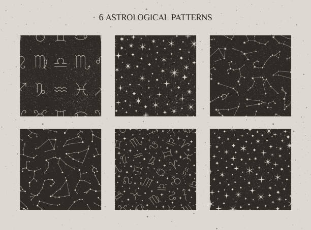 Set of Zodiac Constellations and Astrology Signs Seamless Pattern on the black background. Vector Cosmic backdrops. Set of Zodiac Constellations and Astrology Signs Seamless Pattern on the starry black background in Minimal Trendy Style. Vector Cosmic backdrops. Horoscope symbols textures. virgo stock illustrations