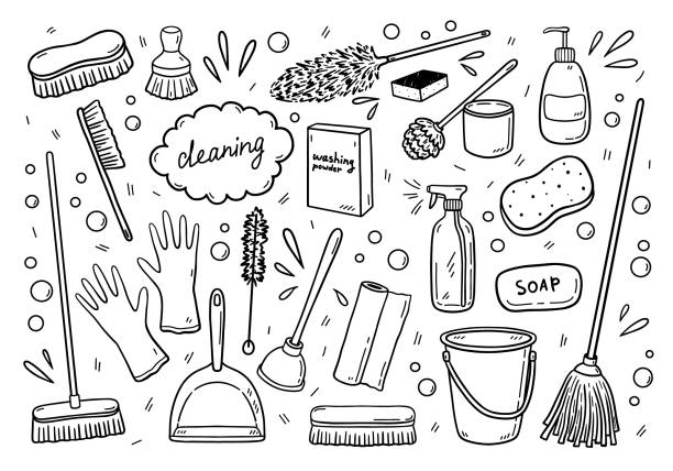 Doodle set of various items for cleaning Set of various items for cleaning - mops, brooms, brushes, detergents and others. Work equipment for sweeping, washing, hygiene, keeping the house clean. Vector hand-drawn illustration in doodle style cleaning drawings stock illustrations