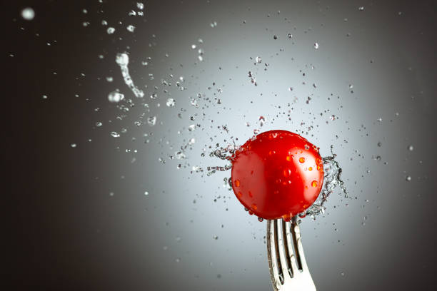splashes of water on a ripe cherry tomato on a fork. Black white gradient background, place under text
