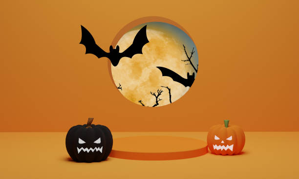 istock Pumpkin with flying bat and podium minimal scene for Halloween background 1337340040