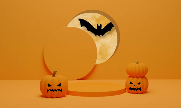 istock Pumpkin with flying bat and podium minimal scene for Halloween background. 1337340044