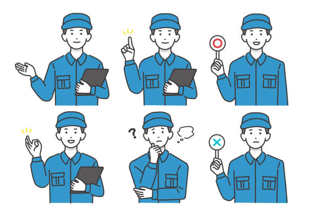 vector illustration material of worker male in 6 poses / communication / light work / gas station - 皺眉頭 插圖 幅插畫檔、美工圖案、卡通及圖標