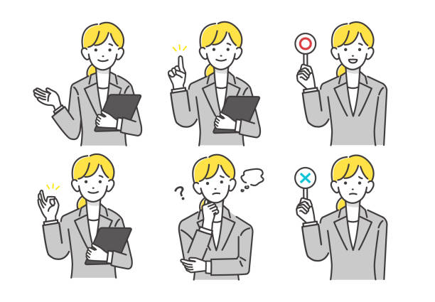 ilustrações, clipart, desenhos animados e ícones de ilustração vetorial de uma mulher de terno em 6 poses material / comunicação / negócios - asian ethnicity businessman white background holding