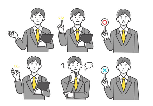 vector illustration material / communication / business of men in suits in 6 pose - 皺眉頭 插圖 幅插畫檔、美工圖案、卡通及圖標