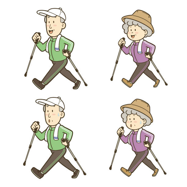illustrazioni stock, clip art, cartoni animati e icone di tendenza di una serie di illustrazioni di uomini e donne anziani che fanno nordic walking. - 4818