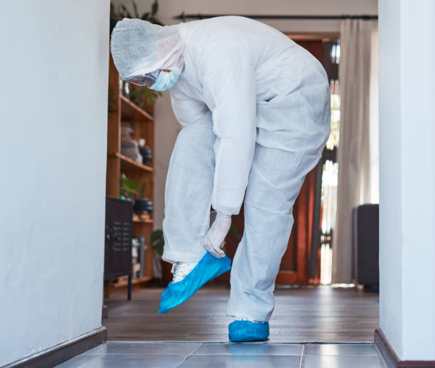 photo d’un homme en costume anti-matières dangereuses mettant des protecteurs de chaussures bleus dans une maison - tenue stérile photos et images de collection