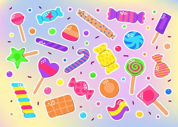 illustrazioni stock, clip art, cartoni animati e icone di tendenza di caramelle colorate carine, cioccolato, caramello, set di lecca-lecca - peppermint candy stick striped