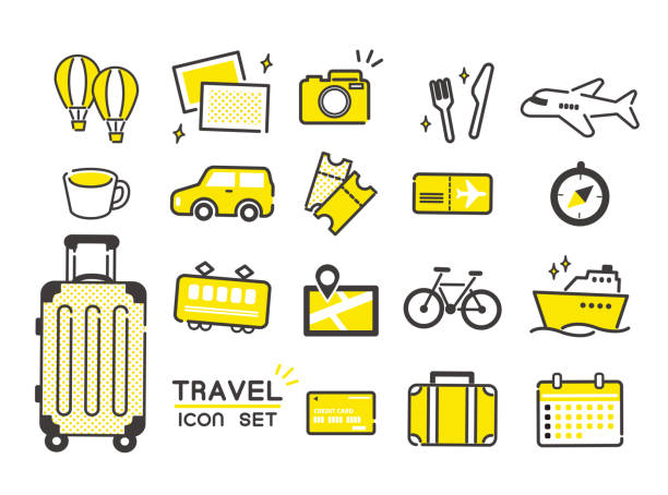 illustrazioni stock, clip art, cartoni animati e icone di tendenza di vari set di icone di viaggio / semplice / set - travel tourism symbol ship