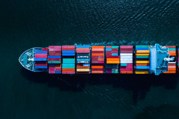 shipping cargo container transportation business services import and export international on the sea flight aerial view
