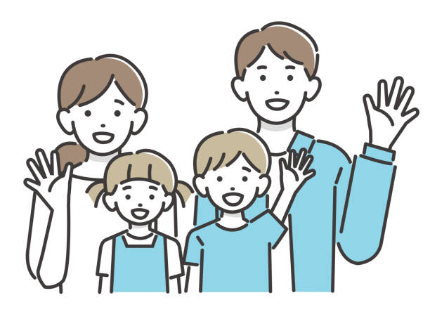 Vector illustration of a young family waving with a smile Material / Simple / Children / Couple Vector illustration of a young family waving with a smile Material / Simple / Children / Couple caricature portrait board stock illustrations