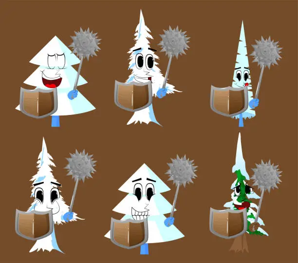 Vector illustration of Winter pine trees with faces holding a spiked mace and shield.
