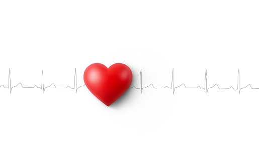 Corazón rojo con línea de ECG blanca sobre fondo blanco photo