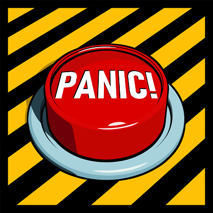 Alarm button or SOS emergency button. Big red panic button on yellow and black panel. Vector illustration