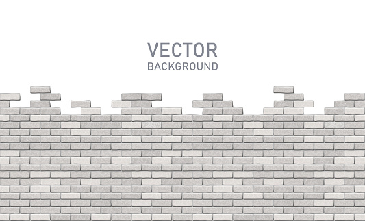 Broken gray brick wall on a white background with copy space for any text, horizontal view. Vector illustration of destroyed brick wall
