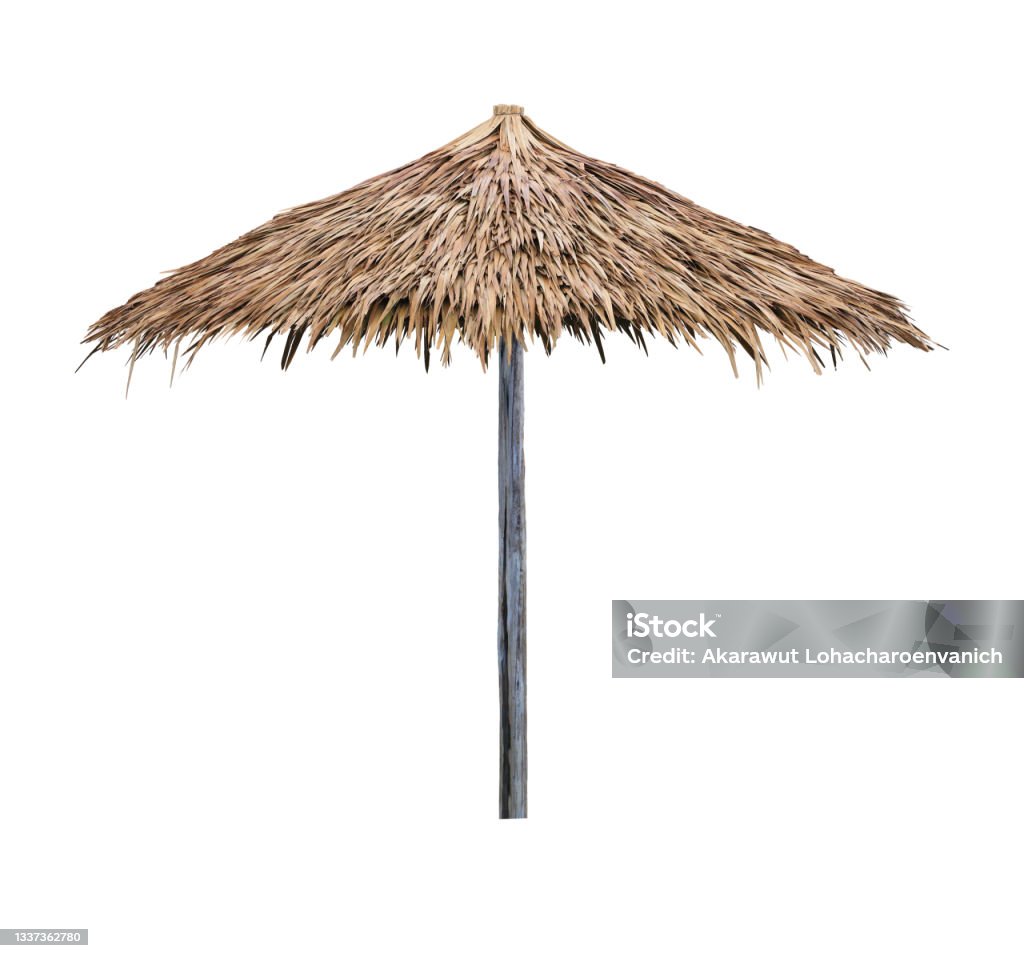 Beach umbrella parasol made of coconut leaf isolated on white background Beach umbrella parasol made of coconut leaf isolated on white background with clipping path Parasol Stock Photo