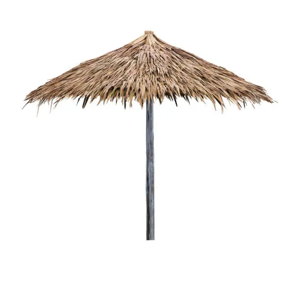 Beach umbrella parasol made of coconut leaf isolated on white background with clipping path