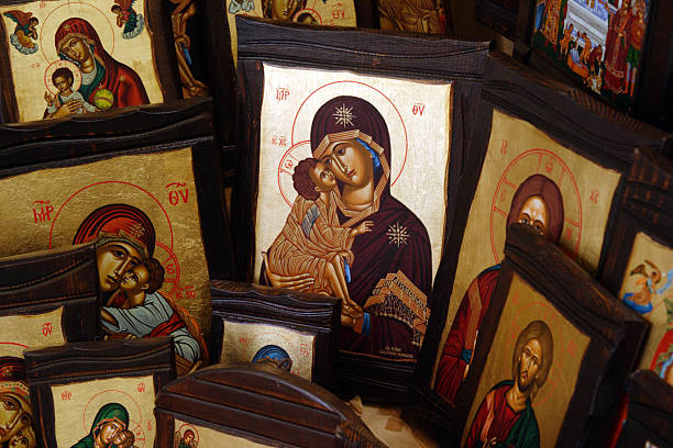 Greek Orthodox Religious Icons Greek Orthodox religious Icons displayed at a store for sale in Tinos, Greece. orthodox church photos stock pictures, royalty-free photos & images