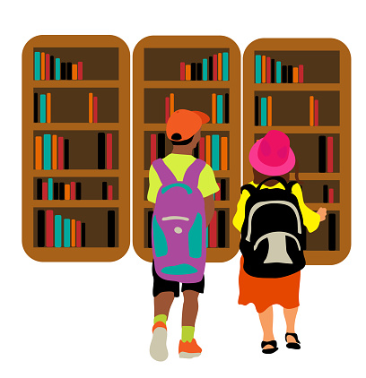 Two kids browsing through book shelves