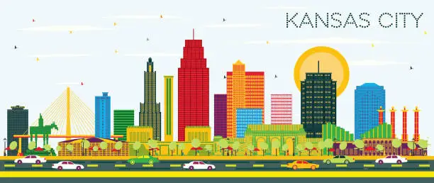 Vector illustration of Kansas City Missouri City Skyline with Color Buildings and Blue Sky.