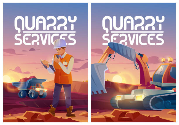Quarry services posters with dumper and excavator Quarry services posters with man in helmet, dumper and excavator in opencast mine. Vector banners of mining industry with cartoon illustration of engineer and machines working in quarry land mine stock illustrations