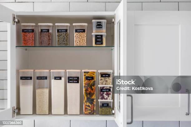 Kitchen Storage Organization Use Plastic Case Placing And Sorting Food Products Into Pp Box Stock Photo - Download Image Now