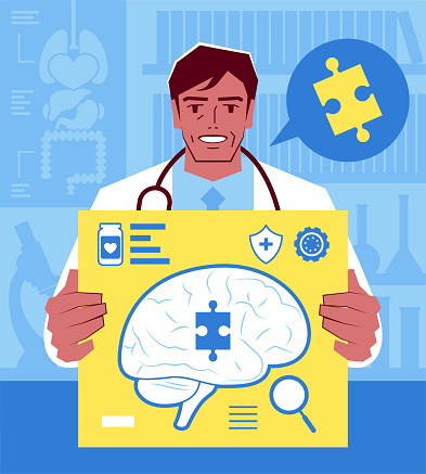Healthcare and medicine characters vector art illustration.
The confident mature doctor shows the Solution for Alzheimer's or Secrets of the Brain.